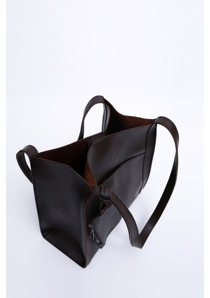 Kahve Rengi SHK123 Suni Deri, Çıtçıtlı, Iki Bölmeli, Cüzdanlı, Makyaj Çantalı, Askılı, El, Kol ve Omuz Çantası