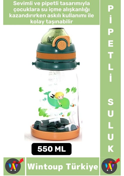 Dayanıklı Tritan Ev Ofis Çocuk Okul Spor Bpa Içermeyen Askılı Eğlenceli Renkli Pipetli Suluk 550 ml