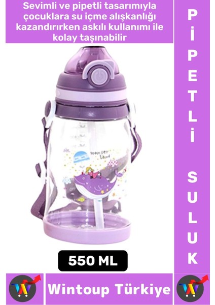 Dayanıklı Tritan Ev Ofis Çocuk Okul Spor Bpa Içermeyen Askılı Eğlenceli Renkli Pipetli Suluk 550 ml