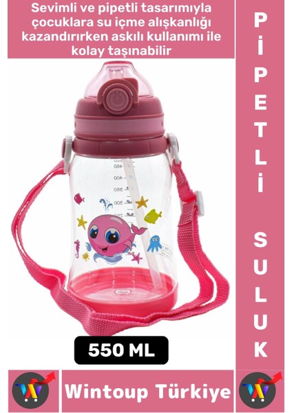 Dayanıklı Tritan Ev Ofis Çocuk Okul Spor Bpa Içermeyen Askılı Eğlenceli Renkli Pipetli Suluk 550 ml