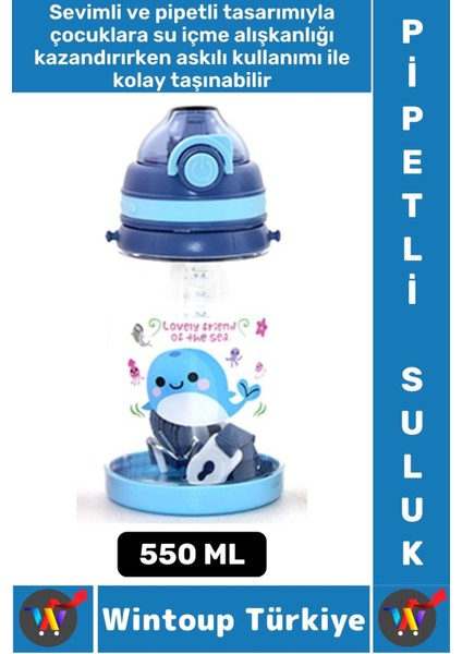 Dayanıklı Tritan Ev Ofis Çocuk Okul Spor Bpa Içermeyen Askılı Eğlenceli Renkli Pipetli Suluk 550 ml