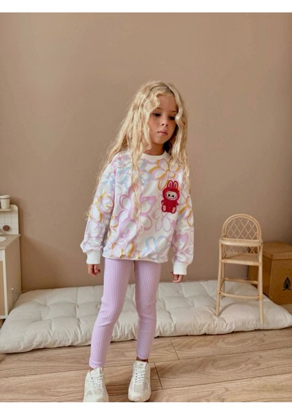 Peluş Labubu Bebek Figürlü Çiçekli Pamuklu Kumaş Beli Lastikli Esnek Taytlı Kız Çocuk Ikili Takım