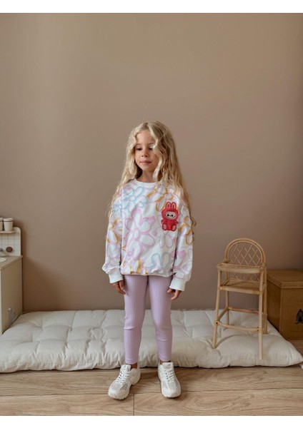 Peluş Labubu Bebek Figürlü Çiçekli Pamuklu Kumaş Beli Lastikli Esnek Taytlı Kız Çocuk Ikili Takım modelleri