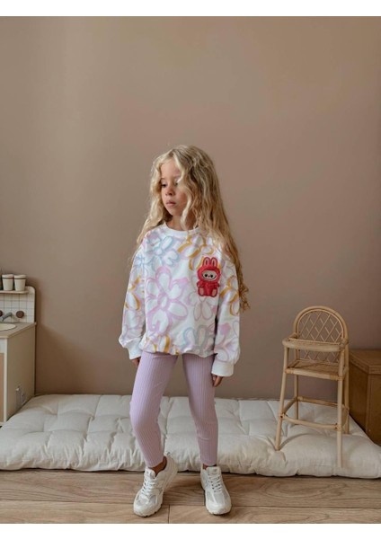 Peluş Labubu Bebek Figürlü Çiçekli Pamuklu Kumaş Beli Lastikli Esnek Taytlı Kız Çocuk Ikili Takım fırsatları