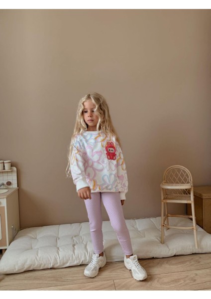 Peluş Labubu Bebek Figürlü Çiçekli Pamuklu Kumaş Beli Lastikli Esnek Taytlı Kız Çocuk Ikili Takım indirimleri