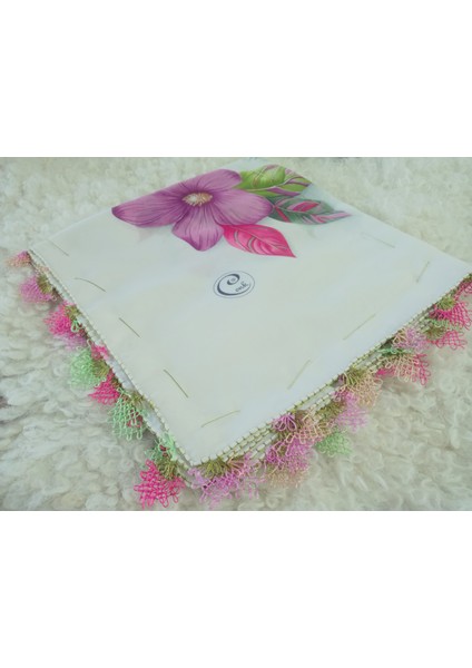 ve Reyhan %100 Pamuk Yazma Üzerine Tamamı El Işi Dört Tarafı Oyalı Yazma, Eşarp, Mevlit Örtüsü 100 x 100CM