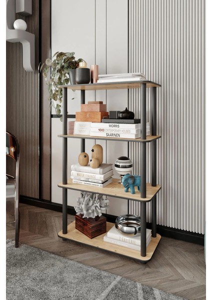 4 Katlı Dekoratif Diktörtgen Kitaplık Meşe