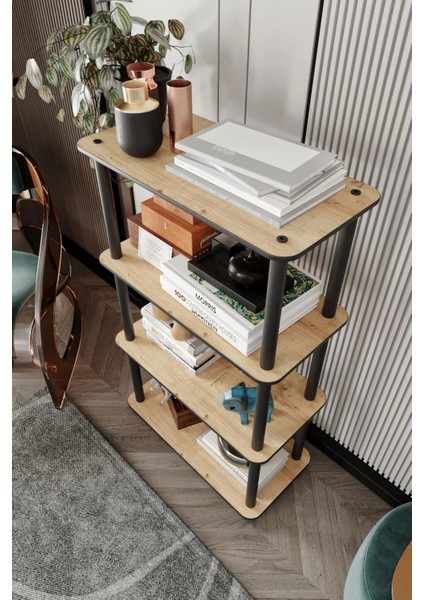 4 Katlı Dekoratif Diktörtgen Kitaplık Meşe modelleri