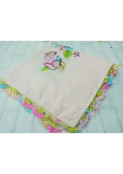 ve Reyhan %100 Pamuk Yazma Üzerine Tamamı El Işi Dört Tarafı Oyalı Yazma, Eşarp, Mevlit Örtüsü 100 x 100CM