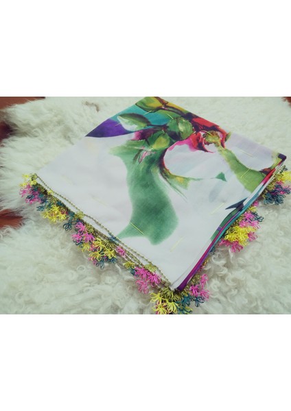 ve Reyhan %100 Pamuk Yazma Üzerine Tamamı El Işi Dört Tarafı Oyalı Yazma, Eşarp, Mevlit Örtüsü 100 x 100CM