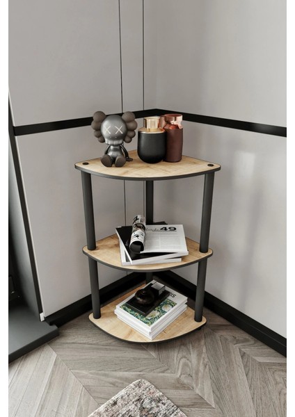 3 Katlı Dekoratif Köşe Kitaplık Meşe