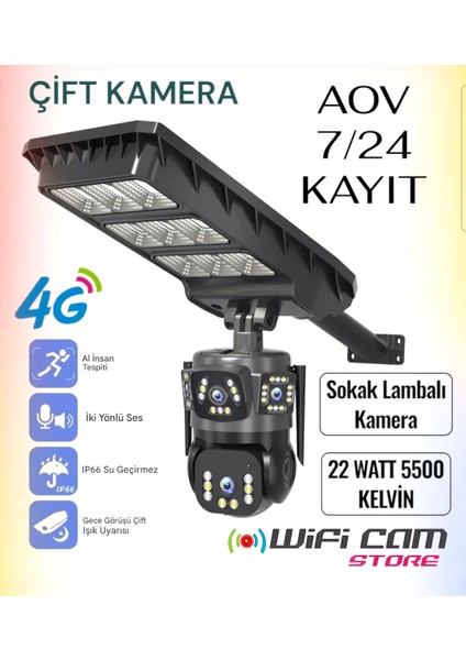 Sokak Lambalı Çift Kameralı 4g Solar Kamera Aov 7/24 Kayıt
