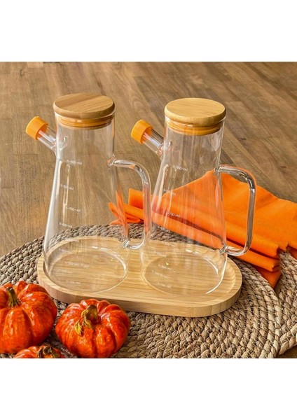 Ciho Bambu Kapaklı 3' Lü Borosilikat Altlıklı Cam Yağlık Sirkelik 900 ml
