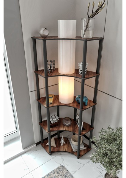 Conrad Çift Yön Kullanım Raflı Köşe Lambader Ceviz