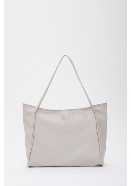 Gri SHK90 Suni Deri Iç Bölmeli Fermuarlı El, Kol ve Omuz Shopper Çanta