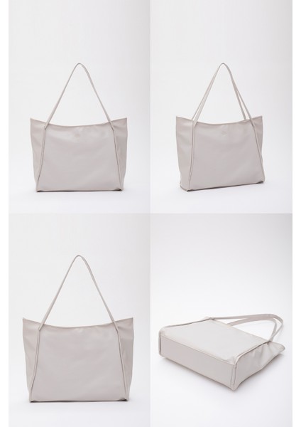 Gri SHK90 Suni Deri Iç Bölmeli Fermuarlı El, Kol ve Omuz Shopper Çanta