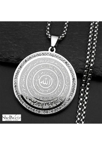 Allah ve Haşır Suresi Yazılı Musibetten Koruyan Madolyon Kararmaz Gümüş Renk modelleri