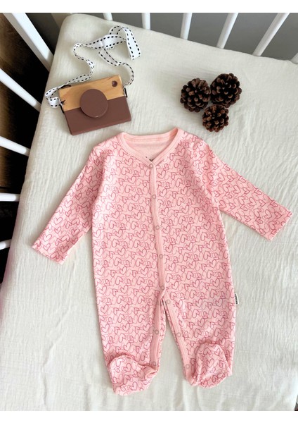 Kalp Desenli %100 Pamuk Kız Bebek Tulum