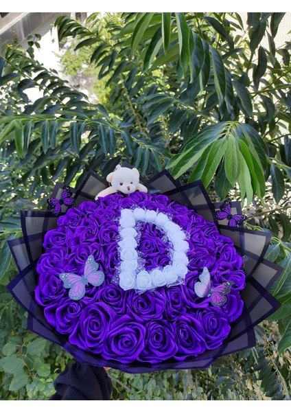 41 Li LED Işıklı Solmayan Gül Mor Gül Dışı Siyah - Harfli - Ayıcık ve Kelebekli