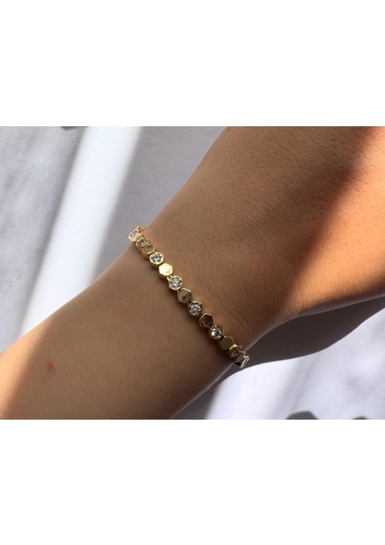 Petek Model Taşlı 14K Altın Renginde Çelik Bileklik