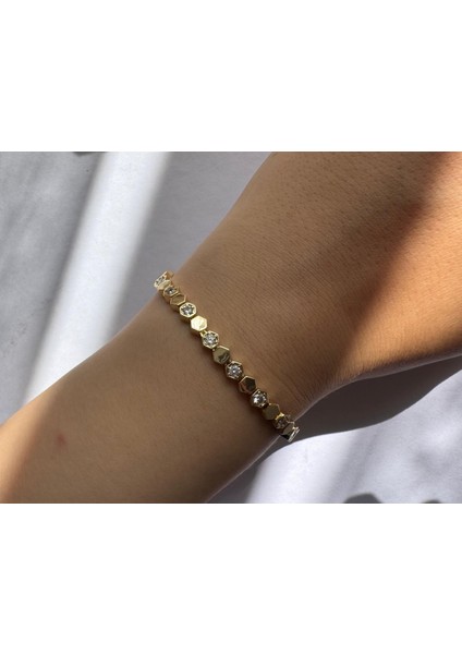 Petek Model Taşlı 14K Altın Renginde Çelik Bileklik modelleri