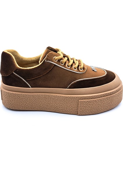 G25K330 Kalın Taban Kadife Kadın Kahverengi Sneaker Ayakkabı