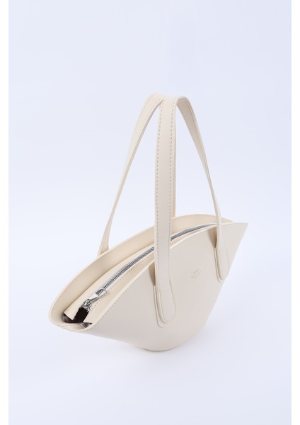 Krem SHK124 Suni Deri, Astarlı, Fermuarlı,tek Bölmeli El, Kol ve Omuz Çantası