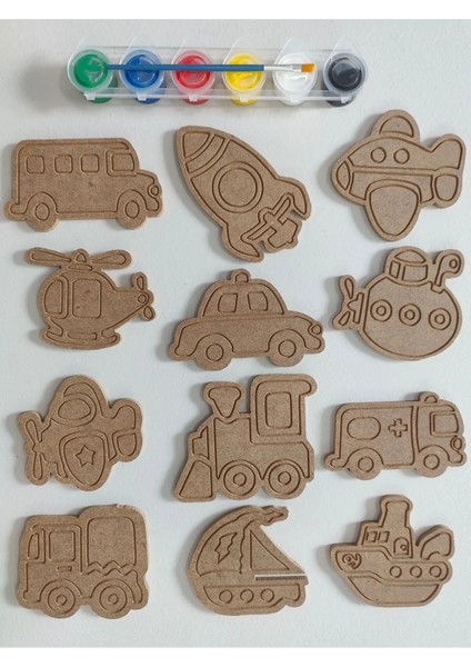 12 Parça Boyanabilir Ahşap Araç Figürleri / Eğitici Boyama Seti / Boyama Etkinliği