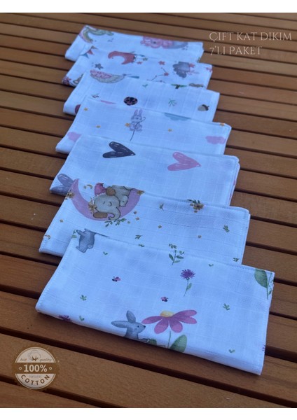 Müslin Ağız Mendili , Ağız Bezi , Ter Mendili Pamuk Çift Katlı 7'li PAKET 22X20 CM