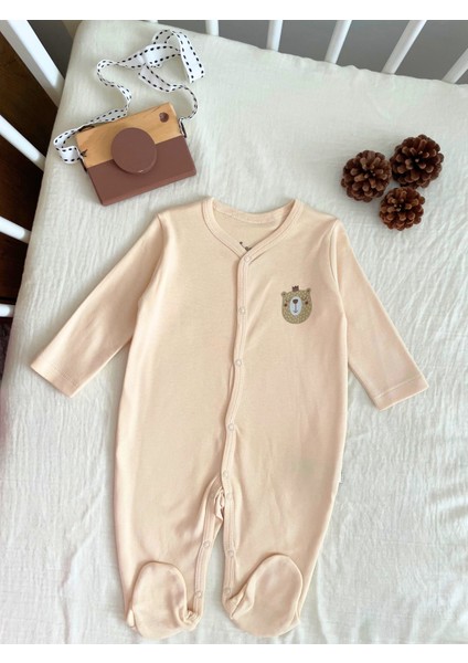 Marka %100 Pamuk Kumaş Bej Rengi Erkek Bebek Çıtçıtlı Tulum
