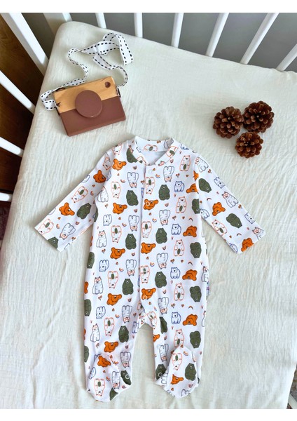 Marka %100 Pamuk Kumaş Ayıcık Desenli Çıtçıtlı Erkek Bebek Tulum