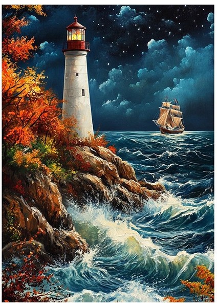 Deniz Feneri ve Yelkenli Gemi Mdf Tablo