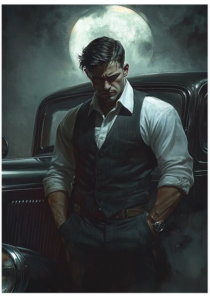 Klasik Araba ve Dolunay Pozu Mdf Tablo