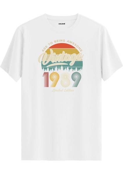 Vintage Tişört Nostalji 1989 Doğum Tarihli Bisiklet Yaka Basic Tişört Vintage Tasarım Tişört