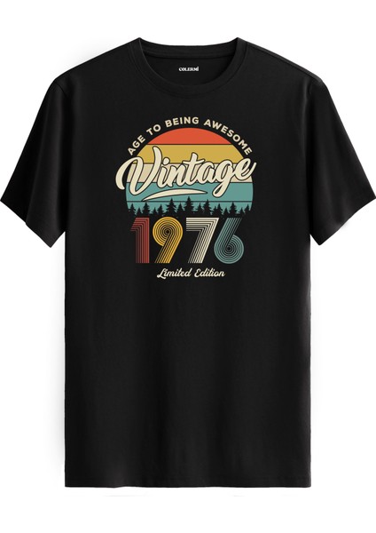 Vintage Tişört Nostalji 1976 Doğum Tarihli Bisiklet Yaka Basic Tişört Vintage Tasarım Tişört