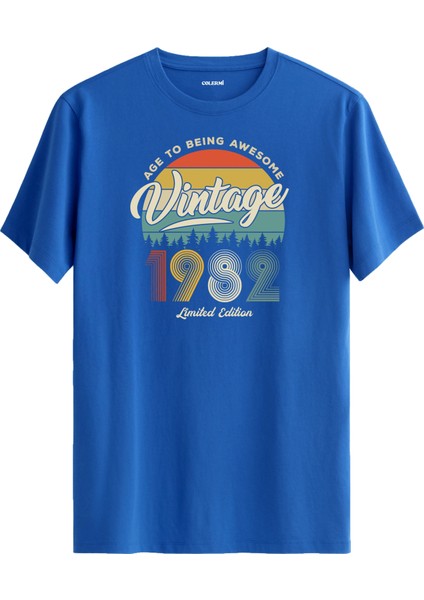 Vintage Tişört Nostalji 1982 Doğum Tarihli Bisiklet Yaka Basic Tişört Vintage Tasarım Tişört