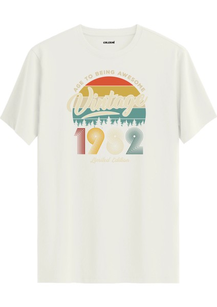 Vintage Tişört Nostalji 1982 Doğum Tarihli Bisiklet Yaka Basic Tişört Vintage Tasarım Tişört