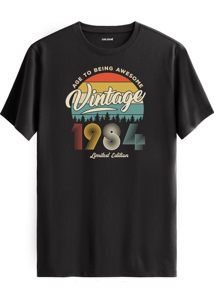 Vintage Tişört Nostalji 1984 Doğum Tarihli Bisiklet Yaka Basic Tişört Vintage Tasarım Tişört