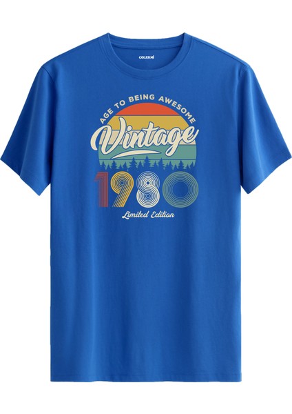 Vintage Tişört Nostalji 1980 Doğum Tarihli Bisiklet Yaka Basic Tişört Vintage Tasarım Tişört