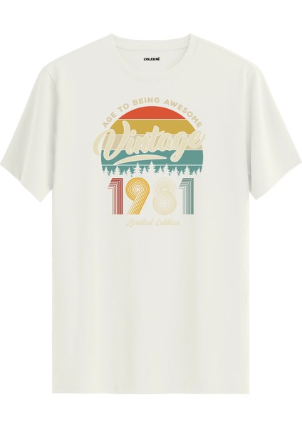 Vintage Tişört Nostalji 1981 Doğum Tarihli Bisiklet Yaka Basic Tişört Vintage Tasarım Tişört