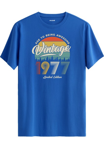 Vintage Tişört Nostalji 1977 Doğum Tarihli Bisiklet Yaka Basic Tişört Vintage Tasarım Tişört