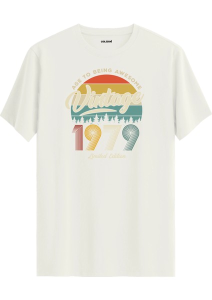 Vintage Tişört Nostalji 1979 Doğum Tarihli Bisiklet Yaka Basic Tişört Vintage Tasarım Tişört