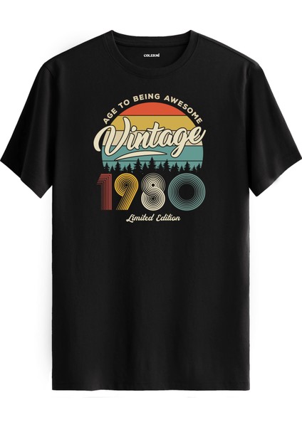 Vintage Tişört Nostalji 1980 Doğum Tarihli Bisiklet Yaka Basic Tişört Vintage Tasarım Tişört