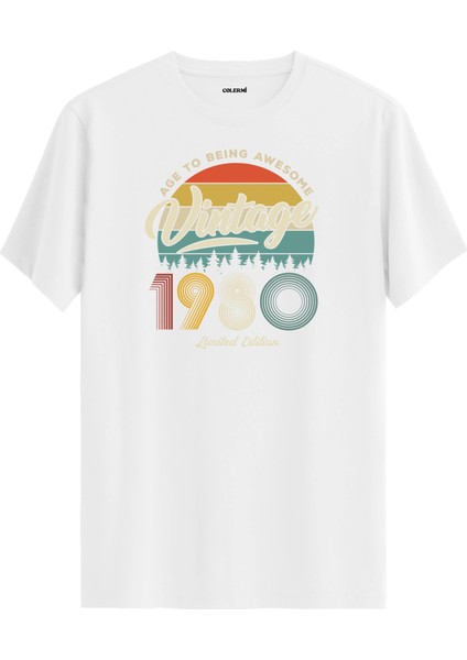 Vintage Tişört Nostalji 1980 Doğum Tarihli Bisiklet Yaka Basic Tişört Vintage Tasarım Tişört