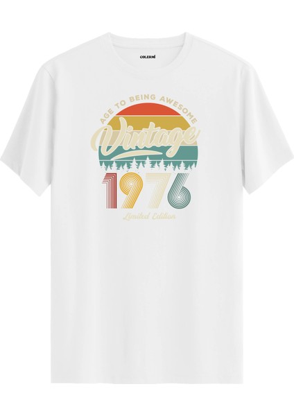 Vintage Tişört Nostalji 1976 Doğum Tarihli Bisiklet Yaka Basic Tişört Vintage Tasarım Tişört