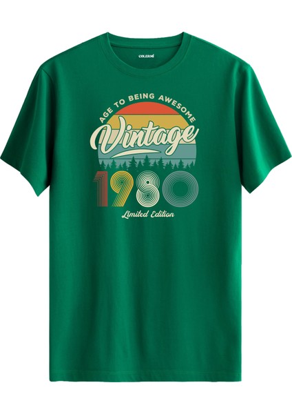 Vintage Tişört Nostalji 1980 Doğum Tarihli Bisiklet Yaka Basic Tişört Vintage Tasarım Tişört