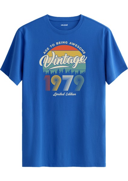 Vintage Tişört Nostalji 1979 Doğum Tarihli Bisiklet Yaka Basic Tişört Vintage Tasarım Tişört