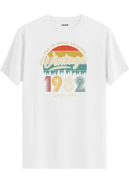 Vintage Tişört Nostalji 1982 Doğum Tarihli Bisiklet Yaka Basic Tişört Vintage Tasarım Tişört