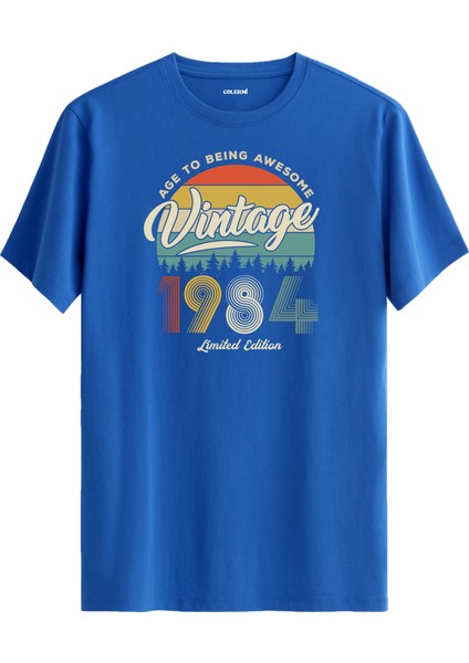 Vintage Tişört Nostalji 1984 Doğum Tarihli Bisiklet Yaka Basic Tişört Vintage Tasarım Tişört