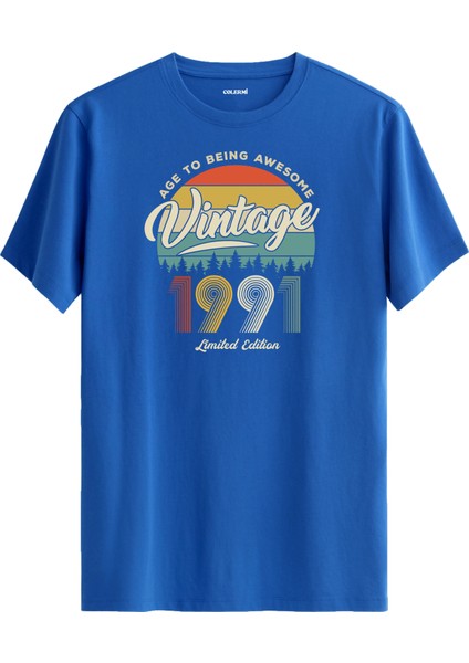 Vintage Tişört Nostalji 1991 Doğum Tarihli Bisiklet Yaka Basic Tişört Vintage Tasarım Tişört